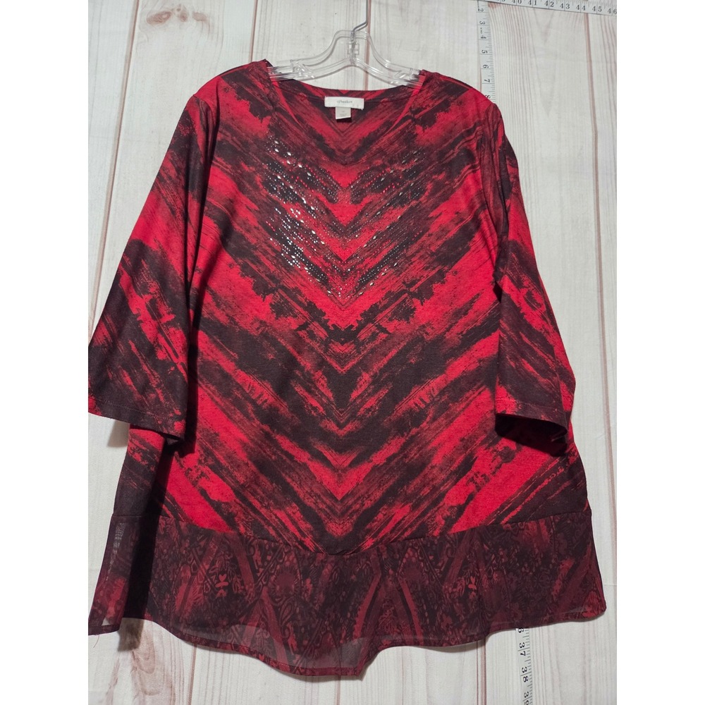 CJ Banks Plus Size 1X Red Black Chevron Rhinestone 3/4 Sleeve Chiffon Trim Tunic